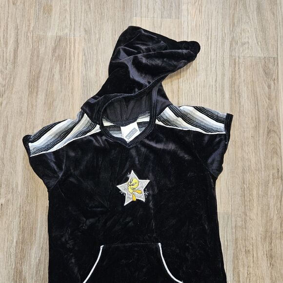 Vtg Looney Lunes Tweety Bird Velvet Dress Girls 6/6x Black Hooded 1998 90s Sport - Picture 2 of 8